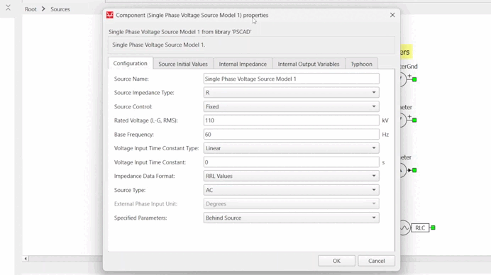 Animation cycling through the configuration, source initial values, impedance and output variable tabs of a converted component