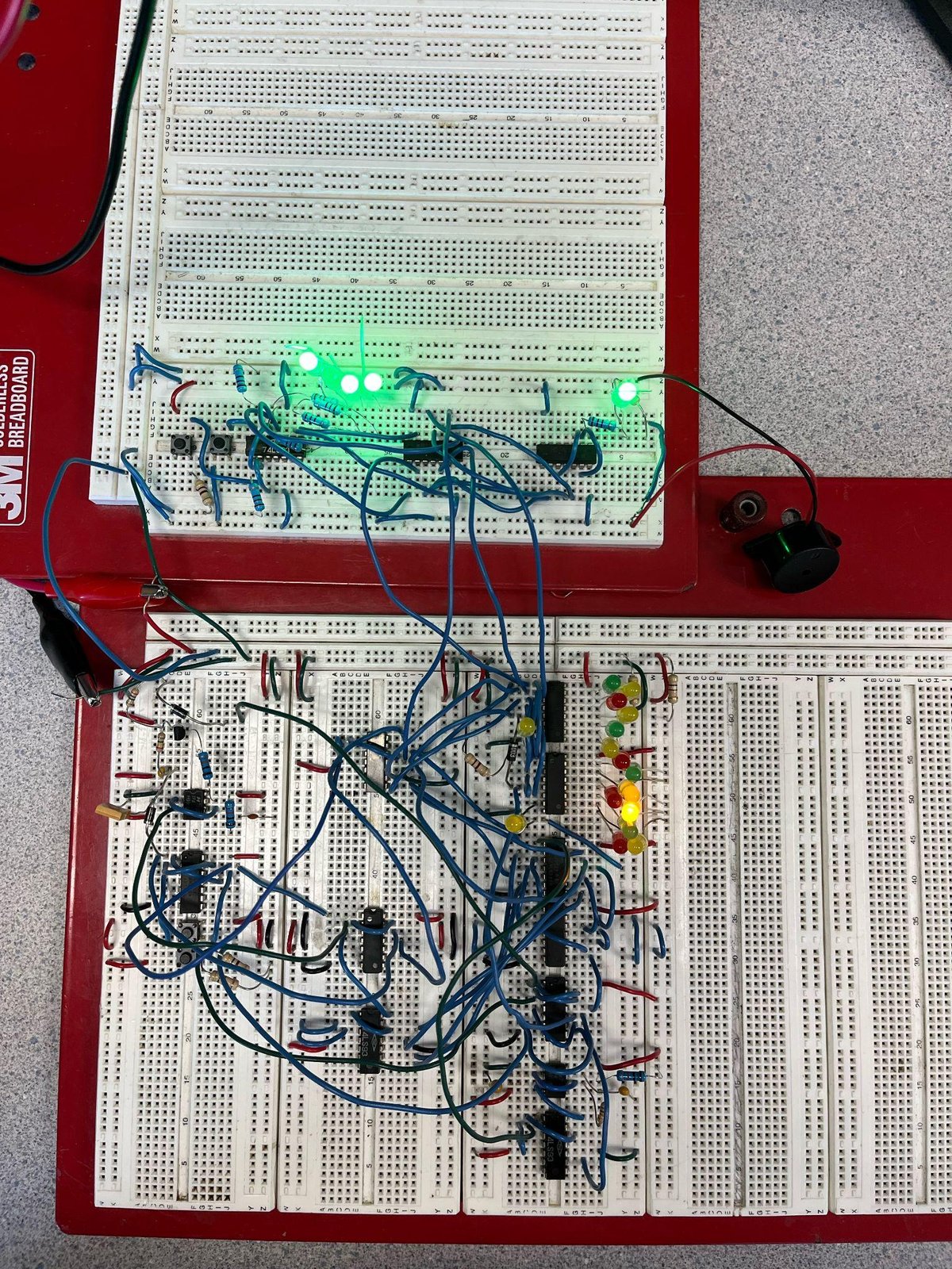 Breadboarded roulette wheel circuit with its ring of indicator LEDs lit