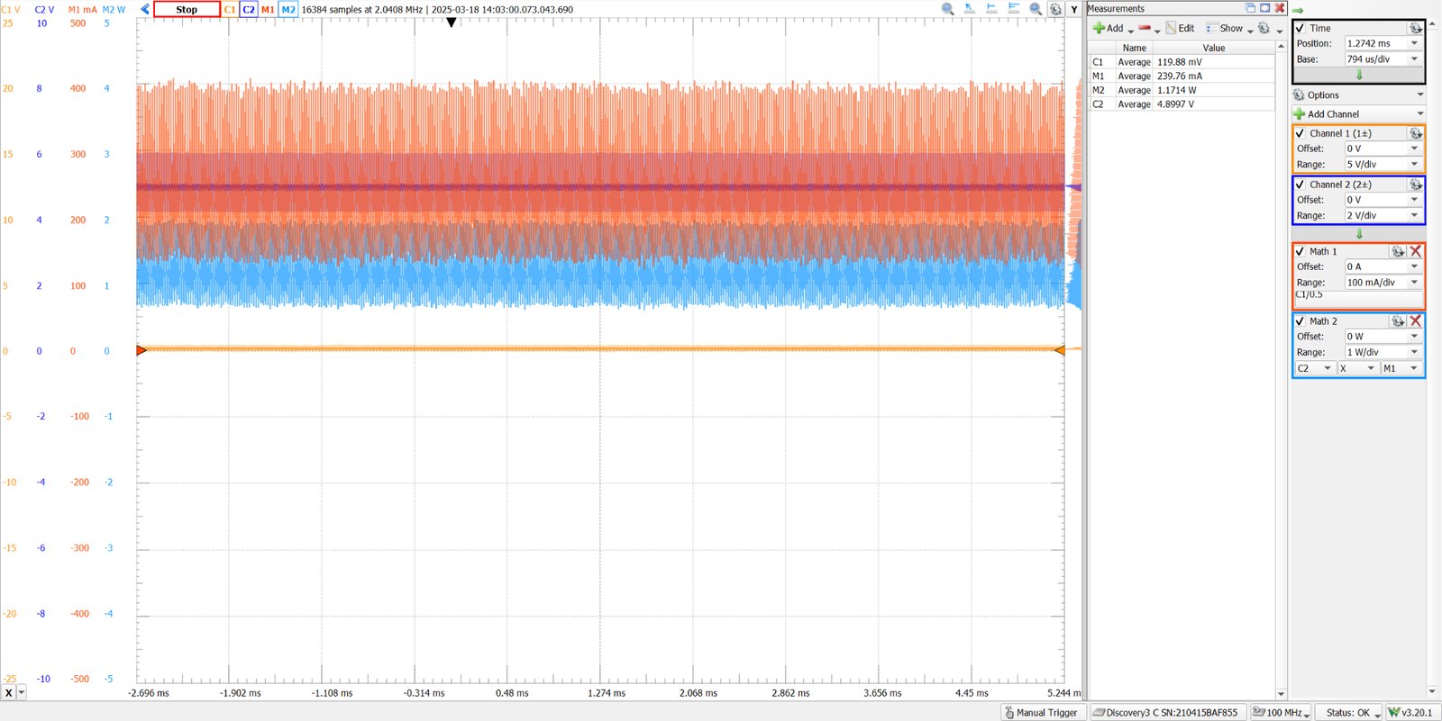 Instrument capture showing converter voltage, current and computed power