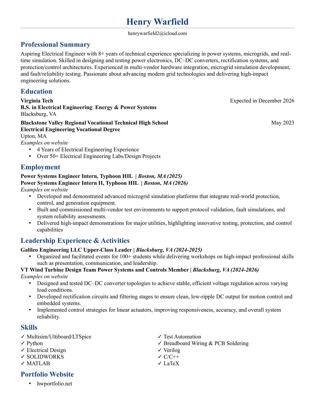 First page of Henry Warfield's resume